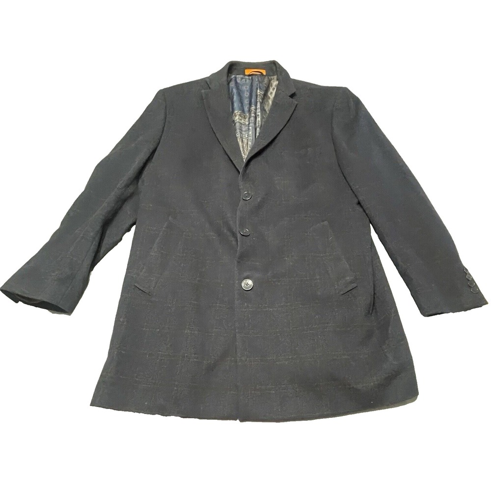 TALLIA Wool Blend‎ 3 Button Check Plaid OverCoat Mens Size XL Blue